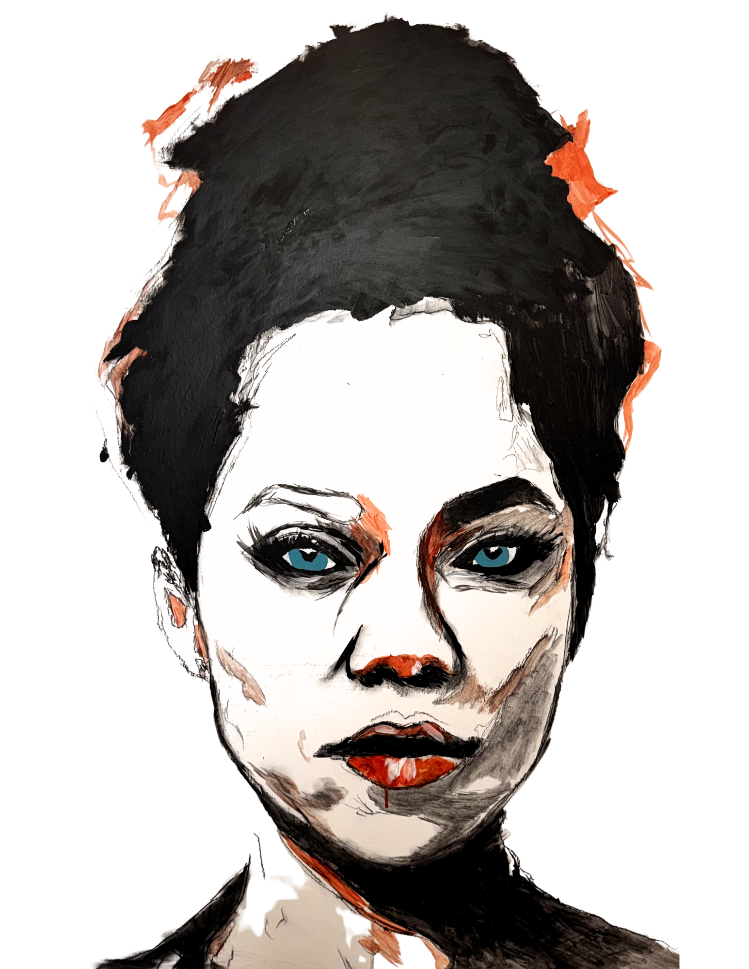 A vertical canvas wall art print featuring a stylized portrait of a woman with short dark hair, green eyes, and red lips, displayed in a living room setting above a sofa.